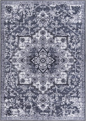 Dark Gray Rectangular Medallion Synthetic Washable Area Rug