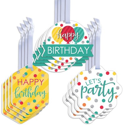 Big Dot of Happiness Colorful Happy Birthday - Assorted Hanging Birthday Party Favor Tags - Gift Tag Toppers - Set of 12