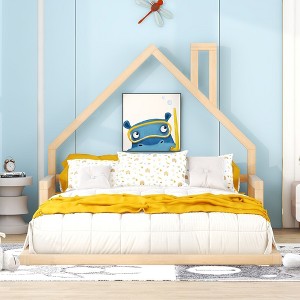 Okak Twin/Full Size Bed Frame with House-Style Headboard & Guardrails,Modern Floor Bed for Toddlers/Kids Bedroom - 1 of 4