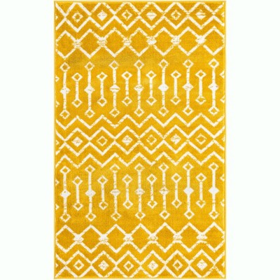 Yellow Geometric Trellis Easy Care Synthetic Rug