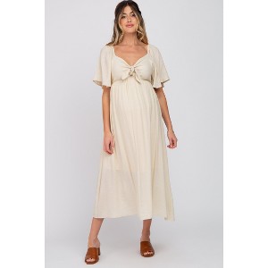 PinkBlush Beige Front Tie Ruffle Sleeve Maternity Midi Dress Medium
