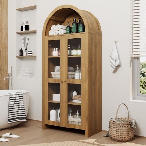 70-Inch Oak Arched Display Cabinet ¨C Adjustable Shelves & Clear Acrylic Doors for Kitchen Pantry, China Hutch, or Living Room Bookcase (1-Piece) - 1 of 4