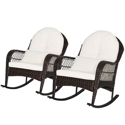 Tangkula 2PCS Patio Wicker Rocking Chair w/ White Seat Cushions & Lumbar Pillow Porch