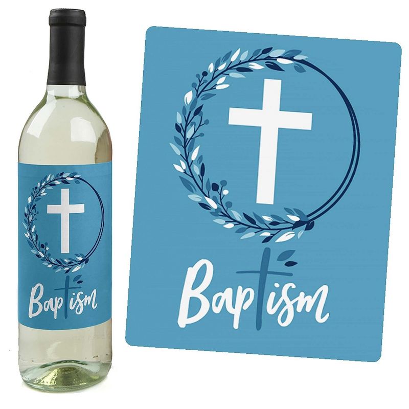 Big Dot of Happiness Baptism Blue Elegant Cross - Boy Religious Party Decorations for Women and Men - Wine Bottle Label Stickers - Set of 4, 2 of 9