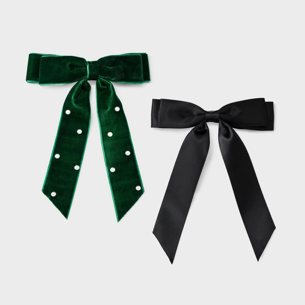 Girls' 2pk Holiday Satin and Velvet Bow Barrette Set - Cat & Jack™ Black/Green
