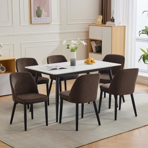 Modern Dining Chairs Set of 4/6, Linen Upholstered Kitchen Chairs with Curved Back & Solid Wood Legs - 1 of 4