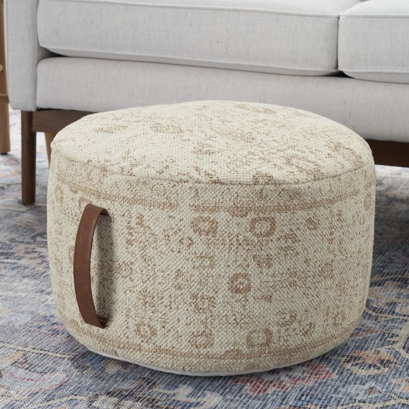 Nicole Curtis Handcrafted Vintage Floral 20" x 20" x 12" Indoor Drum Pouf with Handle, 2 of 9
