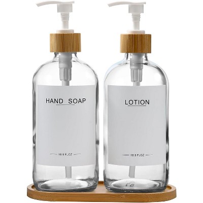 BRINJOY Clear Glass Soap Dispenser with Bamboo Pumps&Tray&Labels, Hand Dispenser, Lotion Dispenser, Dish Soap Dispenser for Kitchen Sink. (Clear)