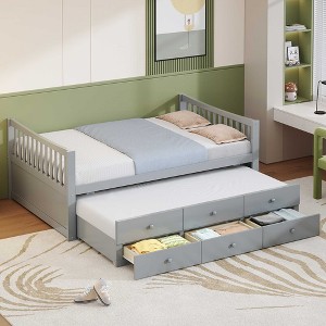 Sapphtopaz Wooden Daybed Bed Frame with Trundle Bed and 3 Drawers Modern Save-Space Sofa Bed with Slats Support for Bedroom,Apartment - 1 of 4