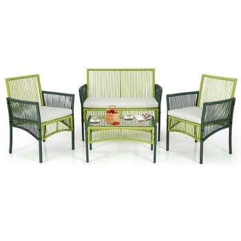 Costway 4PCS/8PCS Patio Round Wicker Conversation Set with Cushions Tempered Glass Side Table