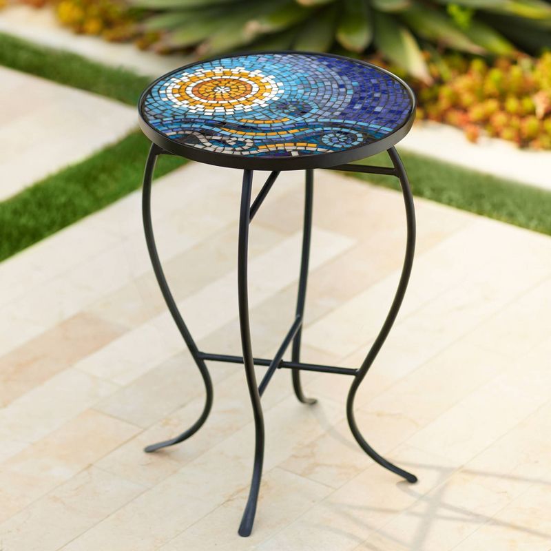 Teal Island Designs Modern Black Round Outdoor Accent Side Table 14" Wide Blue Ocean Mosaic Tabletop Front Porch Patio Home House, 2 of 8