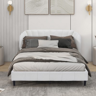 DOMETOUR Queen Velvet Bed Frame Wingback Headboard Upholstered Platform Strong Wooden Slats No Box Spring Needed Easy Assembly Beige