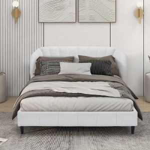 DOMETOUR Queen Velvet Bed Frame Wingback Headboard Upholstered Platform Strong Wooden Slats No Box Spring Needed Easy Assembly Beige - 1 of 4