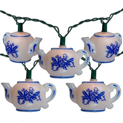 Kurt S. Adler 10-Count White and Blue Floral Teapot Christmas Light Set, 11.4ft Green Wire