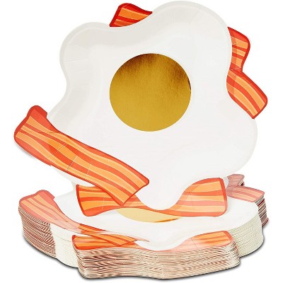 Blue Panda 48 Pack Fried Eggs and Bacon Disposable Paper Plates for Breakfast Party, Brunch 9 In