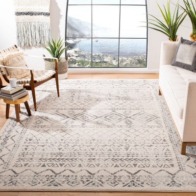 Ivory and Grey Square Synthetic Boho Area Rug, 8'x8'