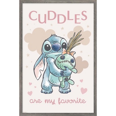 Trends International Disney Lilo and Stitch: Starry-Eyed - Cuddles Are My Favorite Framed Wall Poster Prints Barnwood Framed Version 14.725" x 22.375"