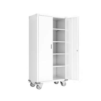 AOBABO 72 Inch Locking Metal Garage Home Office Storage Cabinet with Universal Rubber Wheels/Lockable Casters and Magnetic Doors, White