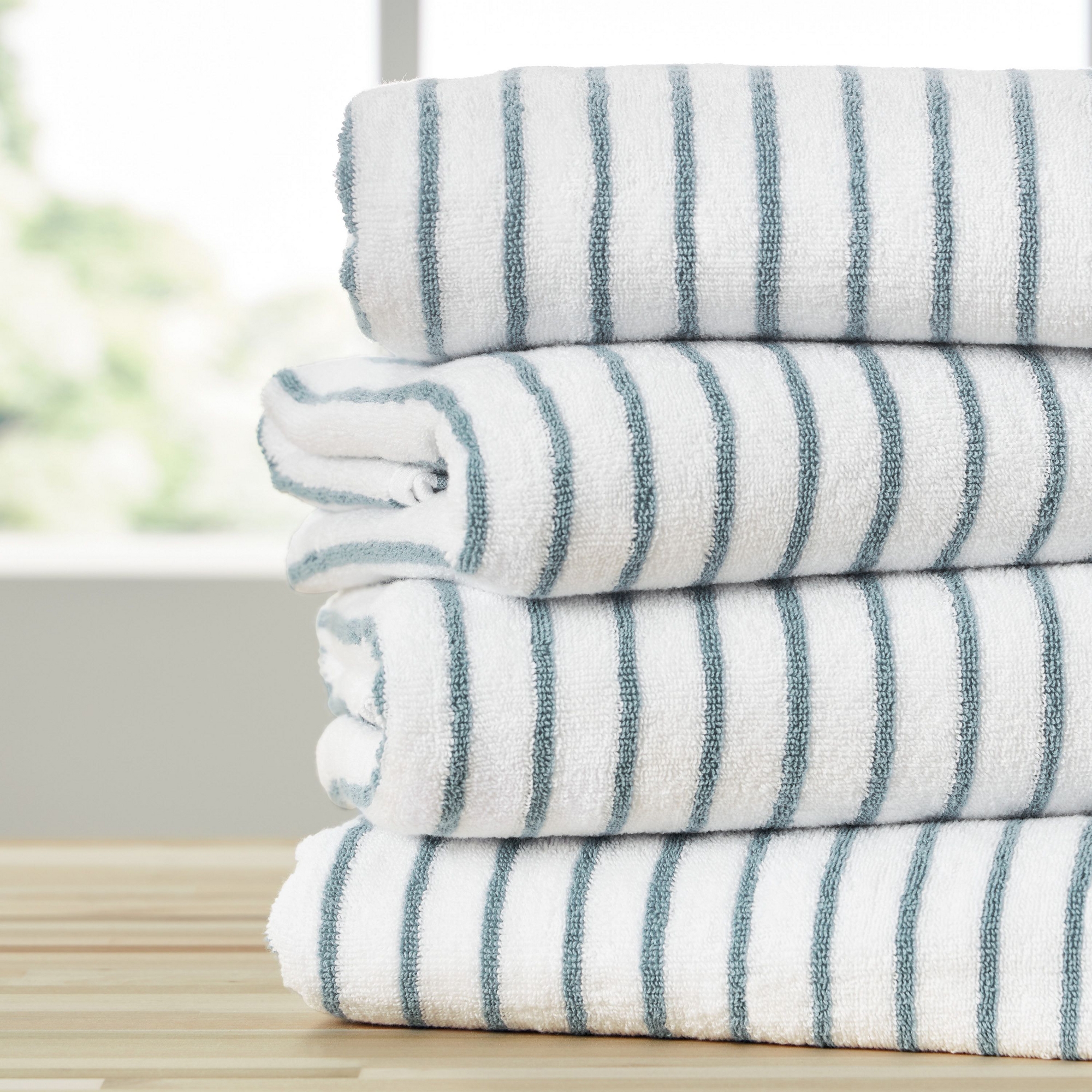 Cabana Stripe 100% Cotton Pool and Beach Towels - Oversized, Absorbent, Quick-Dry Towels - Becky Cameron, Light Blue, Pack of 4