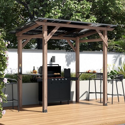 FUFU&GAGA Backyard Grill Gazebo with Cedar Wood Frame and Steel Roof, Outdoor BBQ Station with Bars