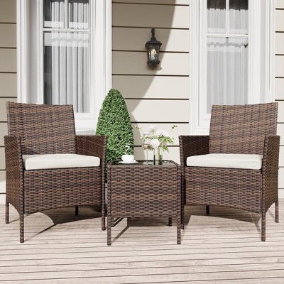 3 Pieces Outdoor Patio Furniture Sets, Rattan Patio Table and Chairs Set with Soft Cushion and Coffee Table, Outdoor Furniture Bistro Set for Garden
