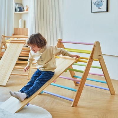 Medium Natural Pine Wood Indoor Climbing Triangle with Slide