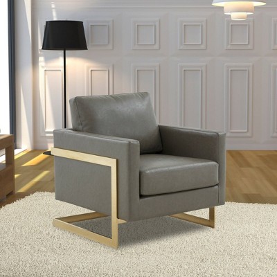 Elegant Gray Leather and Gold Metal Accent Armchair