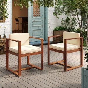 Coolbibila Modern Outdoor Fabric Upholstered Dining Chairs Set of 2,Outdoor Patio Solid Acacia Wood Dining Room Chair,Kitchen Chair - 1 of 4