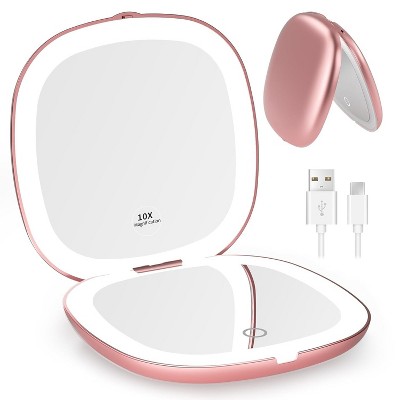 Rechargeable Lighted Travel Makeup Mirror,1x/10x Compact Magnifying Mirror with Lights,Portable for Bag,4inch
