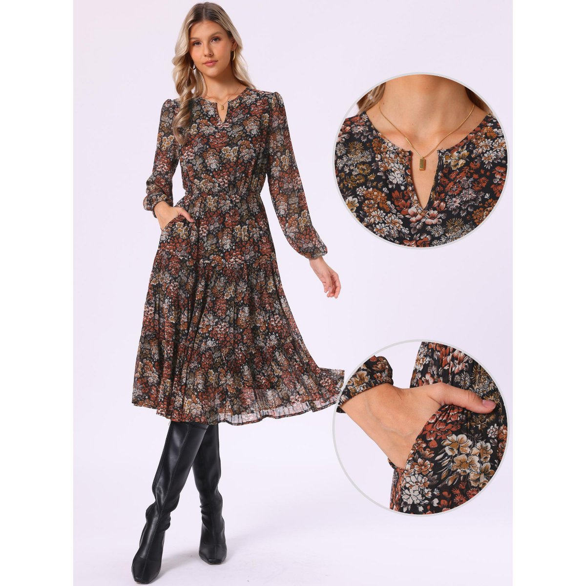 Женские платья INSPIRE CHIC Women's Chiffon Floral Fall Long Sleeve Flowy Pleated Midi Dresses Small Black — фото 2