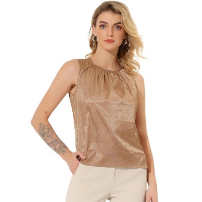 Allegra K Women's Satin Round Neck Sleeveless Work Office Pleated Blouse