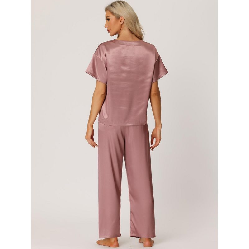 cheibear Women's Satin Summer Short Sleeves Sleepshirt with Pants Lounge Pajamas Sets, 3 of 6