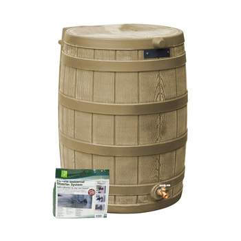 Good Ideas Rain Wizard 50 Gallon Plastic Outdoor Home Rain Barrel Water Storage Collector with Brass Spigot with Diverter Kit, Khaki