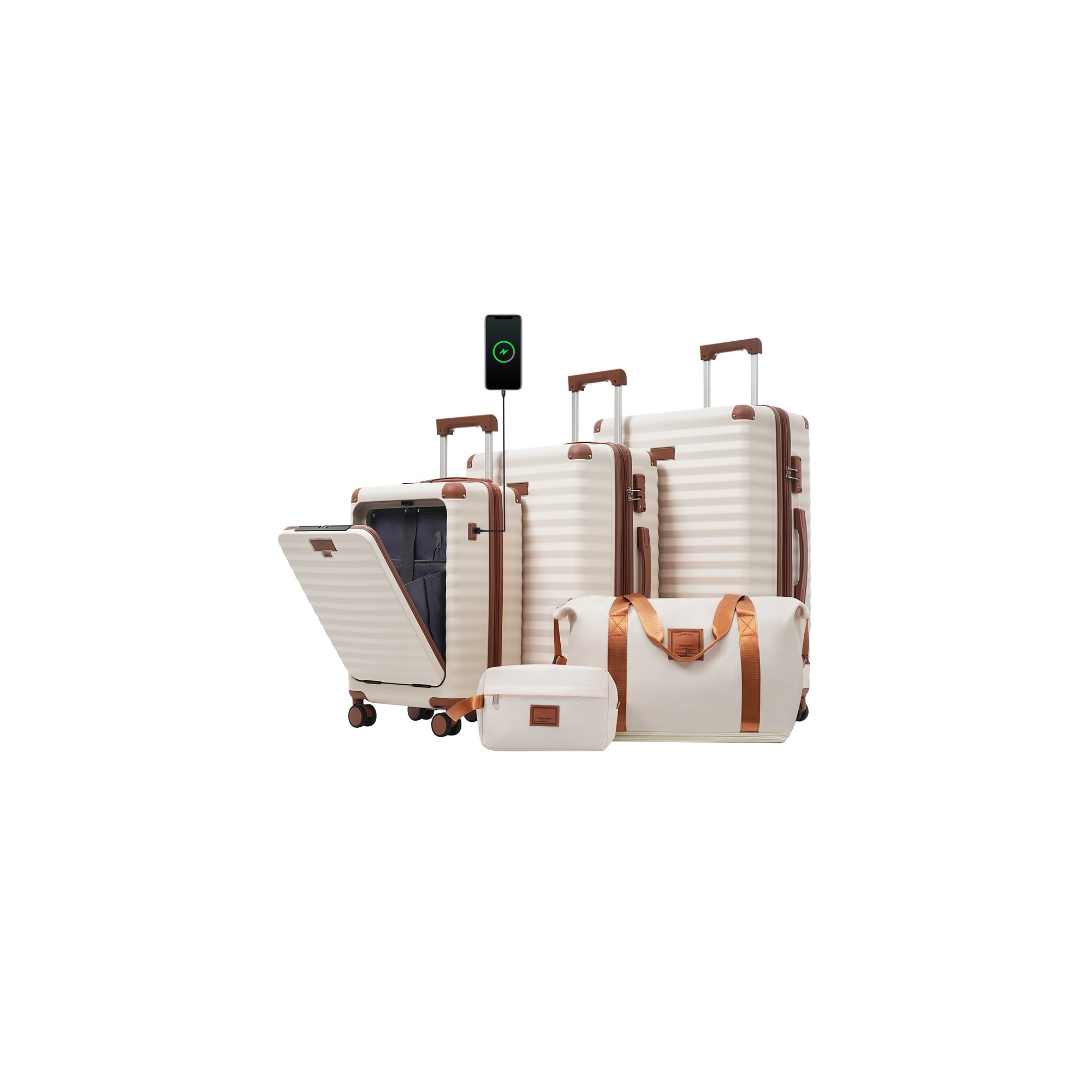 Whisen 5-Piece ABS Luggage Set with 3 Different Size Front Opening Suitcases and 2 Toiletry Bags, USB Port, Cup Holder, TSA Lock - Brown+White