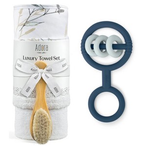 La’dore Baby Towel & Teether Gift Set – Soft Hooded Towel, Washcloth & Baby Brush With Silicone Rattle Teether – Newborn Essentials, BPA-Free - 1 of 4