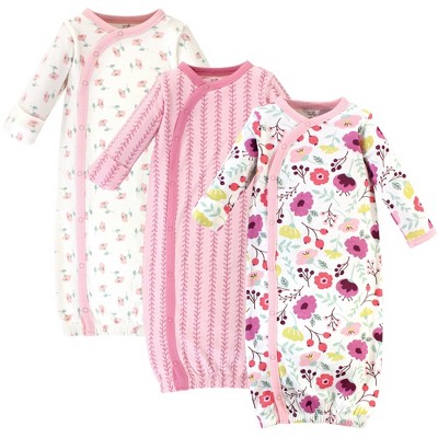 Touched by Nature Baby Girl Organic Cotton Side-Closure Snap Long-Sleeve Gowns 3pk, Botanical