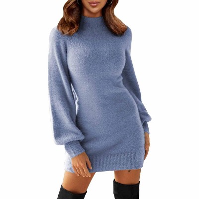 EXLURA Women's Mock Neck Ribbed Long Sleeve Bodycon Pullover Cute Mini Sweater Dress