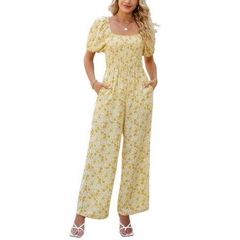 Women s Summer Jumpsuits Casual Square Neck Puff Short Sleeve Smocked High Waist Wide Leg Rompers With Pockets Yellow Floral L Target