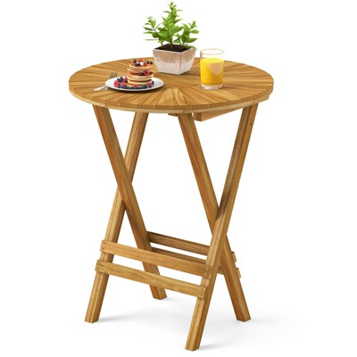 Tangkula Patio Folding Side Table 23.5" Teak Wood Round End Table Fully Assembled Natural