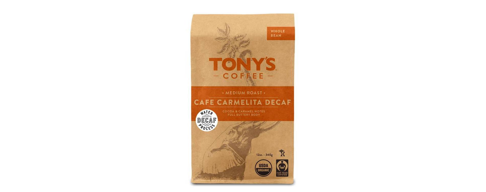 Tony's Coffee Carmelita Decaf Whole Bean Medium Roast Coffee - 12oz: Organic Certified, Fair Trade Certified