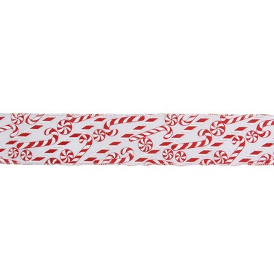 Northlight White and Red Candy Cane Christmas Wired Craft Ribbon 2.5" x 16 Yards