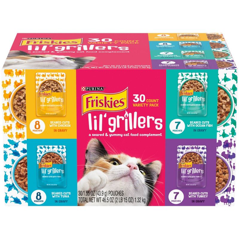Friskies Lil Grillers Chicken, Turkey, Ocean Fish &#38; Tuna In Gravy Wet Cat Food Variety Pack - 1.55oz/30ct, 1 of 7