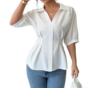 Women's Collared V Neck 3/4 Sleeve Peplum Button Front Blouse Tops - 1 of 4