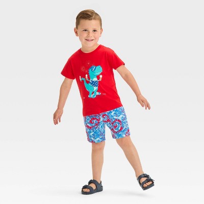 Image of Toddler Boys' Short Sleeve Dino Jersey and French Terry Set - Cat & Jack™ Red 3T