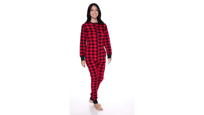 Silver Lilly Slim Fit Women's "Oh Deer" Buffalo Plaid One Piece Pajama Union Suit with Functional Panel, 2 of 8, play video