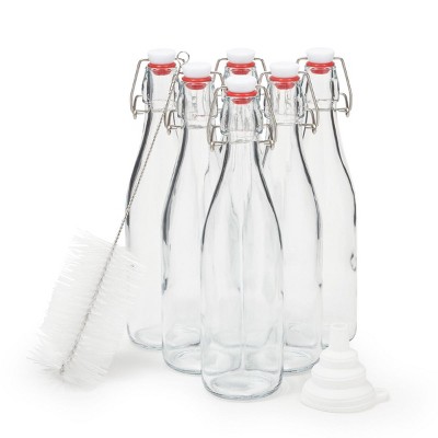 Farmlyn Creek 6 Pack Clear Glass Bottles with Swing Top Lids, Brush, and Funnel (16oz)