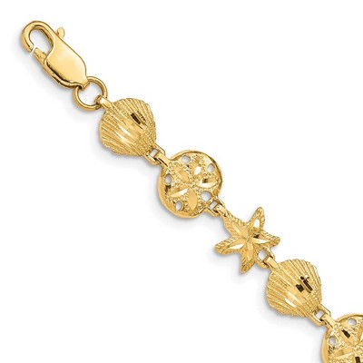 Black Bow Jewelry 14k Yellow Gold Starfish, Shell, Sand Dollar Beach Bracelet - 7 Inch