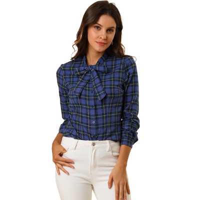 Allegra K Women's Plaid Tie Neck Button Down Long Sleeves Shirt Blouse