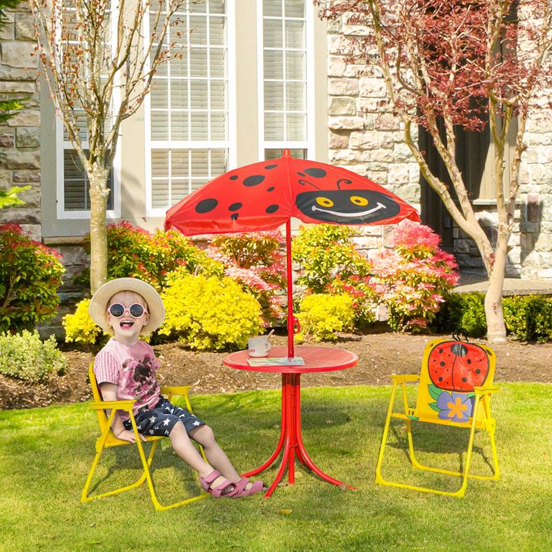 Outsunny Kids Picnic Table and Chair Set, Outdoor Folding Garden Furniture, for Patio Backyard, with Monkey Pattern, Removable & Height Adjustable Sun Umbrella, Aged 3-6 Years Old, 3 of 7