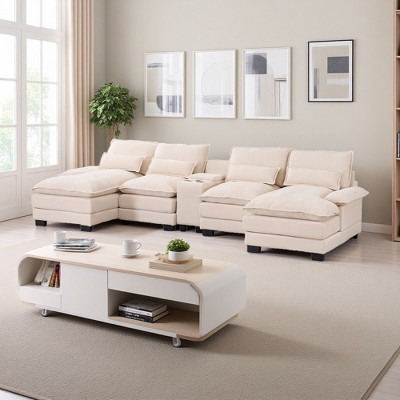 123" Chenille U-Shaped Sectional Sofa, Double Chaise, Console, USB